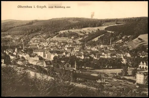 Ansichtskarte Olbernhau vom Hainberg aus - Bahnhof 1928