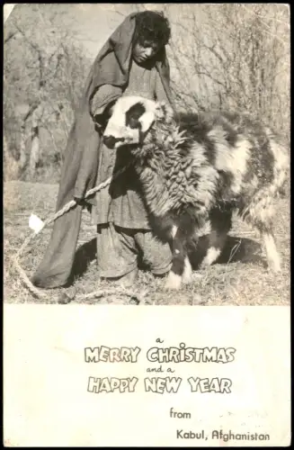 Postcard Kabul Person mit Schaf, Weihnachts/Neujahrsgrüße 1965