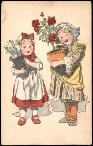 Ansichtskarte  Zwei Mädchen mit Blumentöpfen (Rosen und Maiglöckchen) 1919