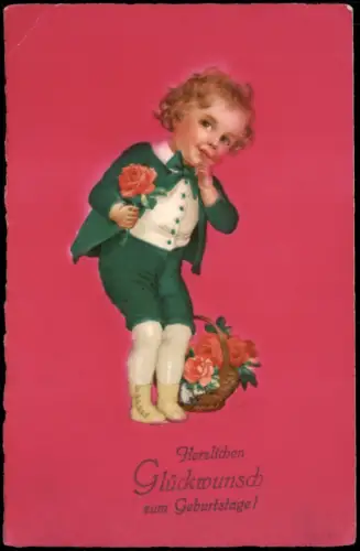 Ansichtskarte  Glückwunsch zum Geburtstag: Junge mit Rosenkorb 1927  Stempel Heinrichsort
