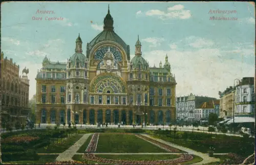 Postkaart Antwerpen Anvers Gare Centrale (Hauptbahnhof) 1914  Feldpoststempel