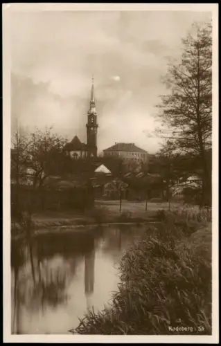 Ansichtskarte Radeberg Flußpartie Stadt mit Kirche 1928
