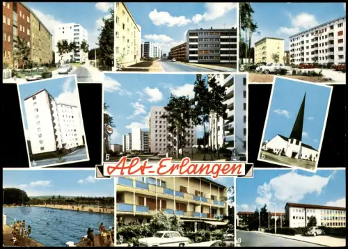 Erlangen Mehrbildkarte mit diversen Straßen-Ansichten, Freibad, Schule uvm. 1970