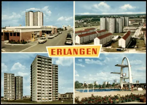 Erlangen Mehrbildkarte Gebäude-Ansichten und Freibad Sprungturm 1970
