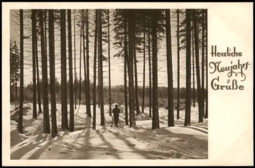 Neujahrs-Grüße: Winterliche Waldlandschaft mit Skiläufer 1915