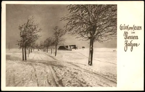 Glückwunsch Neujahr: Winterlandschaft mit verschneitem Weg und Haus 1905