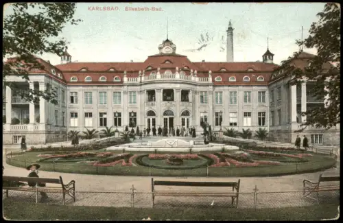 Karlsbad Karlovy Vary Elisabeth-Bad mit Gartenanlage und Springbrunnen 1910