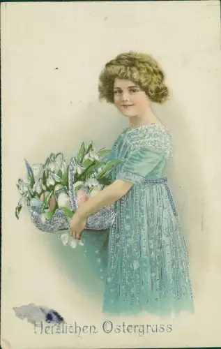 Ostern Easter Mädchen mit Korb voll Eiern u. Schneeglöckchen 1917 Silberprägung