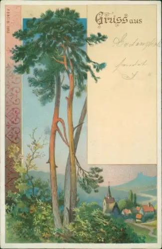 Ansichtskarte  Künstlerkarte Kiefern vor dem Ort Ornament 1902