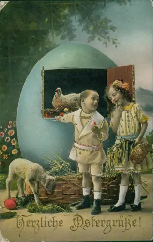 Ansichtskarte  Ostern Easter Osterei als Haus Kinder Lamm Huhn 1916 Gold