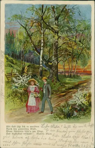 Liebe Liebespaar Love im Birkenwald Künstlerkarte 1905 Silber-Effekt
