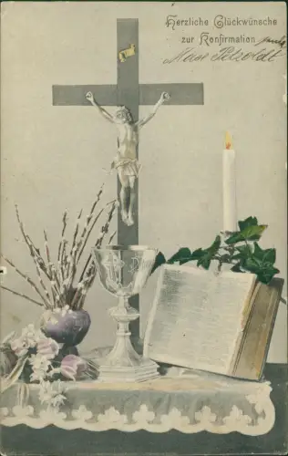 Ansichtskarte  Konfirmation Stillleben Altar Jesuskreuz Bibel 1906
