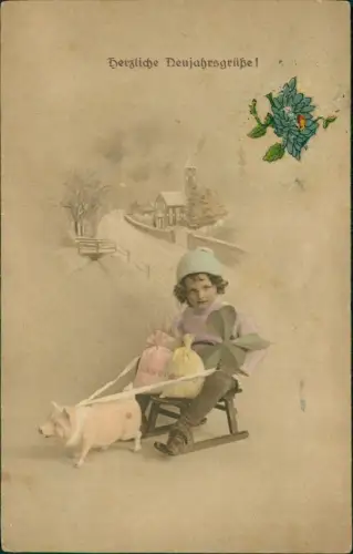 Neujahr Sylvester New Year Junge wird von Glücksschwein gezogen 1923