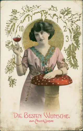 Neujahr Sylvester New Year schöne Frau Golduhr und Glückspilz 1913 Gold