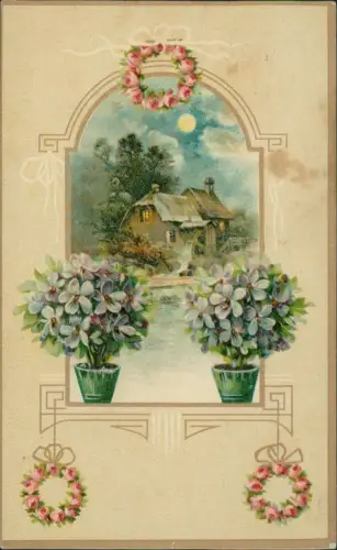 Ansichtskarte  Künstlerkarte Blick aus dem Fenster Veilchen Wassermühle 1913