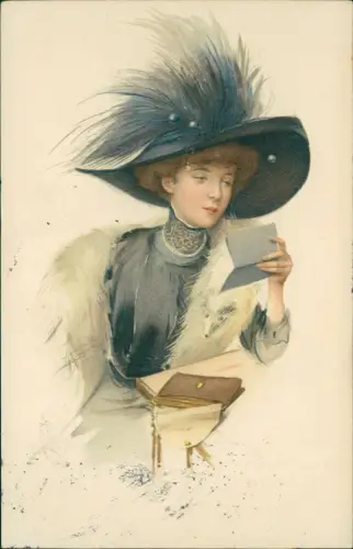 Künstlerkarte Mode Kleidung elegante Frau Künstlerkarte M. Munk Wien 1912