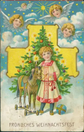 Weihnachten Christmas Kind vor Weihnachtsbaum Kreuz und Engeln 1916