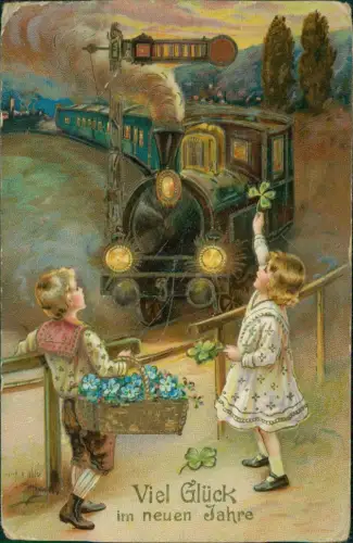 Weihnachten Christmas Kinder mit Veilchen Dampflokomotive 1912 Goldprägung