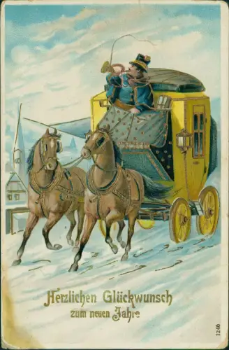 Neujahr Sylvester New Year Prägekarte gelbe Postkutsche 1913 Gold