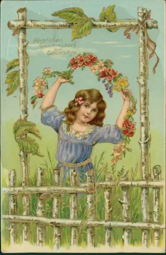 Geburtstag Birthday Mädchen mit Blumengirlande Birkenzaun 1912 Gold