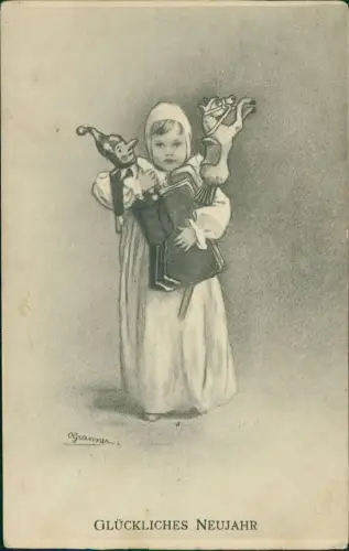 Neujahr Sylvester New Year Kind mit Spielzeugpferd und Harlekin 1912
