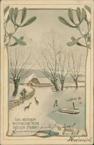 Ansichtskarte  Neujahr Sylvester New Year Mistelzweige Rehe im Dorf 1908
