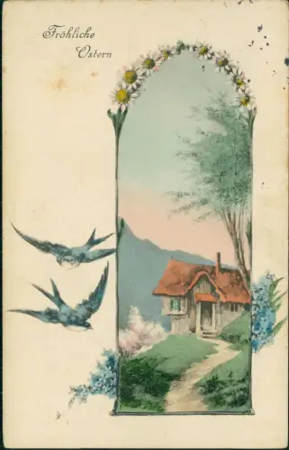 Ostern Easter Künstlerkarte Schwalben Haus im Kamille Rahmen 1913