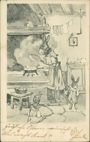 Tiere als Menschen Künstlerkarte  Andromorphisch Osterhasen in der Küche 1902