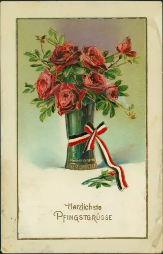 Ansichtskarte  Pfingsten Pentecost Rosen in Goldvase Patriotika 1913 Gold