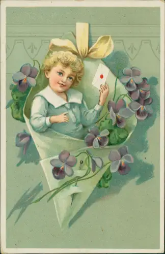 Ansichtskarte  Künstlerkarte Däumling im Säckchen Veilchen 1912