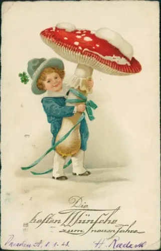 Neujahr Sylvester New Year Gnom mit Glücksklee Fliegenpilz 1928