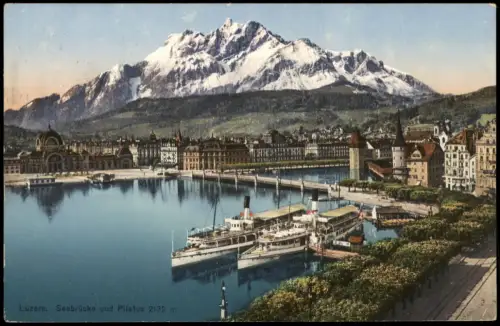 Ansichtskarte Luzern Lucerna Seebrücke mit Raddampfern und Pilatus 1930