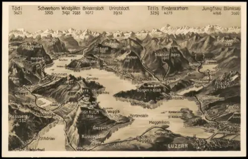 Luzern Lucerna topographische Karte Vierwaldstättersee  Alpen 1930