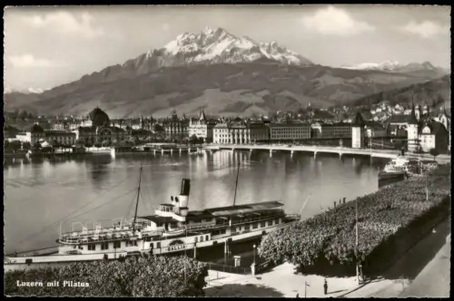 Luzern Lucerna Dampfschiff Gallia vor Stadtpanorama und Pilatus 1930