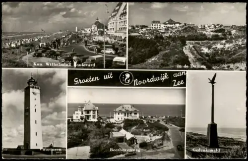 Noordwijk aan Zee Mehrbildkarte mit Leuchtturm, Boulevard und Dünen 1955