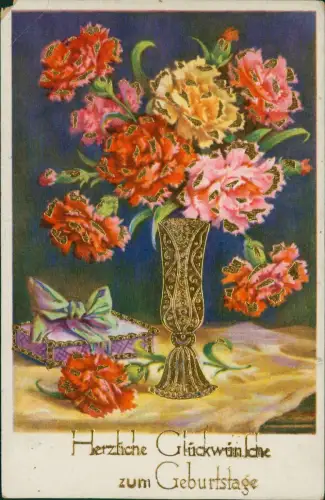 Ansichtskarte  Geburtstag Birthday Goldvase mit Nelken 1938 Gold