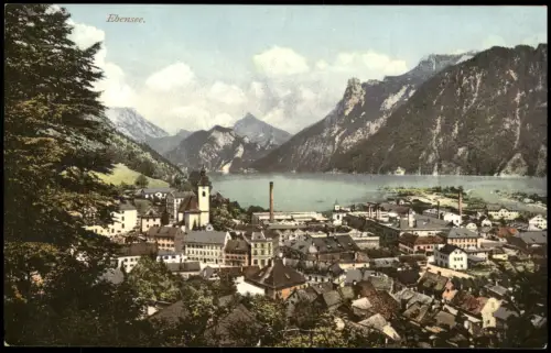 Ansichtskarte Ebensee Ortsansicht mit Traunsee und Gebirgspanorama 1910
