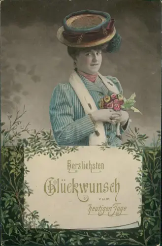 Ansichtskarte  Geburtstag Birthday Frau mit tollem Hut 1914