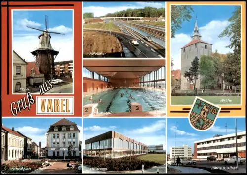 Varel Mehrbild-AK mit Mühle Hallenbad Kirche Autobahn uvm. 1975