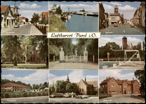 Varel Mehrbild-AK u.a. Altersstift, Bahnhof, Schwimmbad, Straßen, Hafen 1960