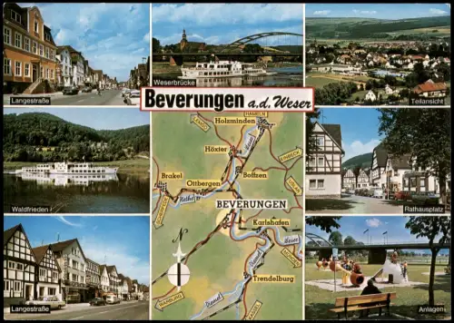 Beverungen Mehrbild-AK u.a. Langestraße Weserbrücke Umgebungskarte 1984