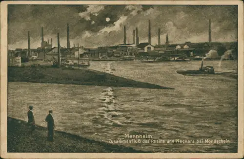 Ansichtskarte Mannheim BASF Zusammenfluß Neckar u Rhein bei Mondschein 1919
