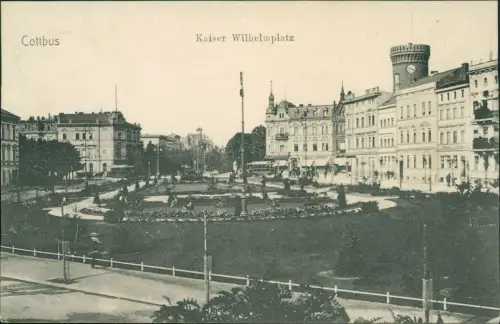 Ansichtskarte Cottbus Kaiser-Wilhelm-Platz Anlagen Straßenbahn 1915