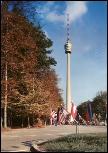Ansichtskarte Stuttgart Fernsehturm, Fahnen Flaggen Rondell 1980