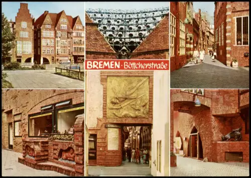 Bremen Mehrbildkarte  Böttcherstraße, Sieben Faulen-Brunnen, Crusoe-Halle 1965