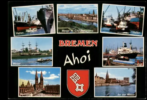 Bremen Mehrbildkarte Stadtteilansichten und Hafen Ansichten "Ahoi" 1970