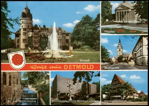 Detmold Mehrbildkarte mit Mittelmühle, Marktplat, Schloss, Theater 1980