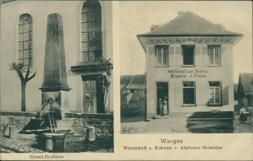 Ansichtskarte Wangen Allgäu Wirtschaft zum Schwan und Messti Brunnen 1915