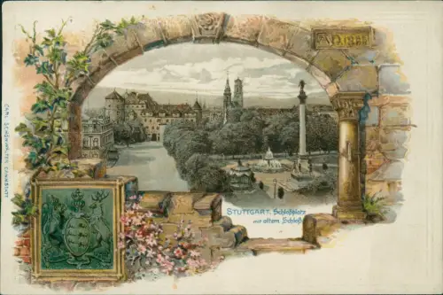 Stuttgart Schloßplatz mit altem Schloß 3D Effekt 1907 Prägekarte
