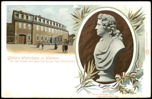Ansichtskarte Weimar Goethes Wohnhaus am Frauenplan mit Dichter-Büste 1908